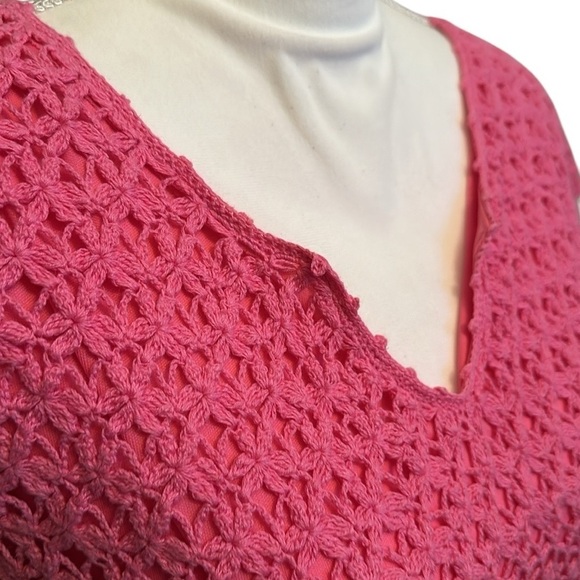 Lilly Pulitzer Vintage Pink Crochet Knit Top Cap Sleeves V-Neck Women's Size Med - Picture 3 of 11